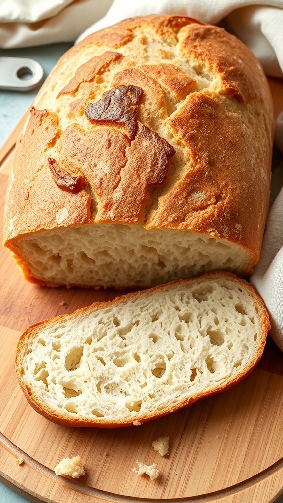 A rustic loaf of sourdough bread, sliced to show its airy texture, on a wooden board with crumbs.